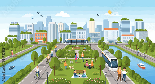City park, green urban landscape, modern cityscape, illustration