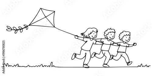 Happy healthy children with kite run together outdoor continuous line drawing, Single continuous line drawing little boy and girl flying kite. Siblings playing together. Kids playing kite in playgroun