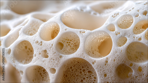Textured white foam features numerous deep, crater-like holes in close-up.