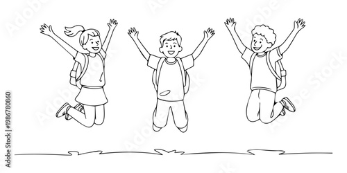 Joyful children leaping with arms raised in a continuous line drawing style, Happy boy and girls pupils with backpacks jumping. Continuous one line drawing,  Joyful children leaping with excitement.