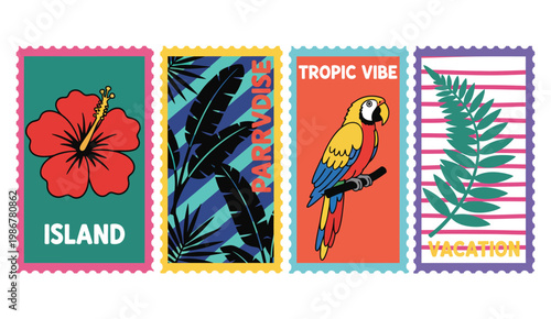 Vibrant tropical travel stamps with island vibes and exotic flora