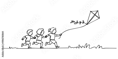Happy healthy children with kite run together outdoor continuous line drawing, Single continuous line drawing little boy and girl flying kite. Siblings playing together. Kids playing kite in playgroun