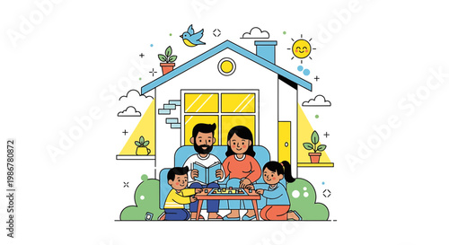 Family, happy family, home, house, vector illustration, colorful, flat design, family sitting, home sweet home