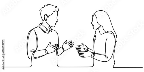 Two people having a conversation in a minimalist line drawing style, Single continuous line drawing of two young male and female startup founders have a business talk over soft drink. Business chat. 