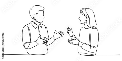 Two people having a conversation in a minimalist line drawing style, Single continuous line drawing of two young male and female startup founders have a business talk over soft drink. Business chat. 