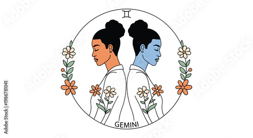 Artistic representation of the Gemini zodiac sign featuring two identical women back-to-back within a floral wreath.