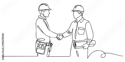 Continuous one line drawing of two workers shaking hands tightly, representing workers solidarity, labor day, colleagues shaking their hands to deal teamwork. Business agreement celebration concept.