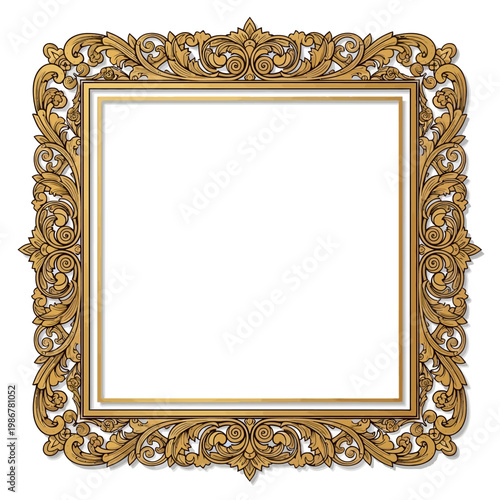 Ornate Gold Square Frame with Acanthus Leaves and Scrollwork - Isolated on White