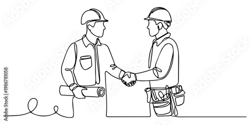 Continuous one line drawing of two workers shaking hands tightly, representing workers solidarity, labor day, colleagues shaking their hands to deal teamwork. Business agreement celebration concept.