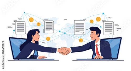 Business man and woman reach out from their laptop screens to shake hands as a symbol of successful remote partnership.