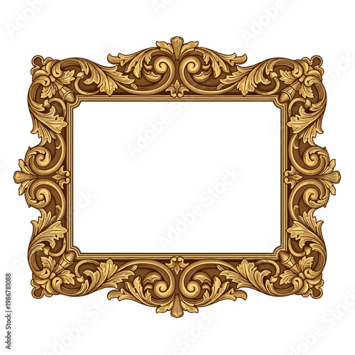 Ornate Golden Baroque Picture Frame with Acanthus Leaves, Isolated