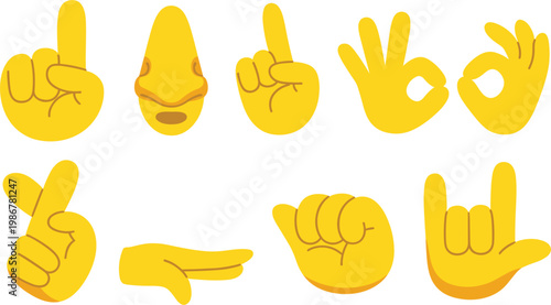 Hand gesture emoji set, yellow cartoon hands showing signs and symbols, communication vector illustration collection
