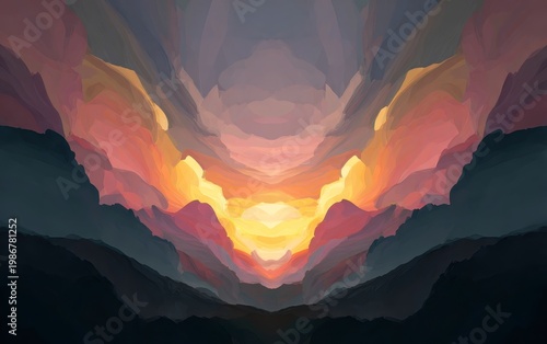 Abstract colorful sunset with layered mountain silhouettes at dusk