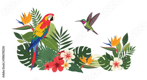 Vibrant parrot and hummingbird positioned among lush tropical flowers and exotic palm leaves on a clean white background.