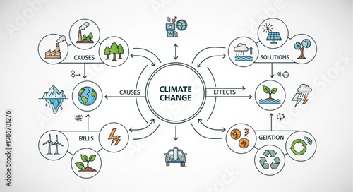 Climate Change Impact and Mitigation Strategies Illustrated in a Mind Map.