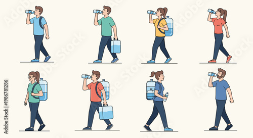 Diverse group of people in sportswear carrying large water bottles and drinking to stay hydrated while walking outdoors.