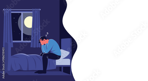 Man suffering from insomnia sitting on the edge of his bed in a dark room under the moonlight during the middle of the night.
