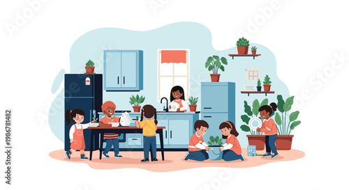 Group of happy young children learning to cook, wash dishes, and garden together in a bright and playful domestic kitchen.