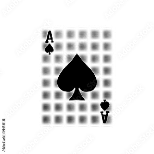 Halftone illustration of ace of spades playing card isolated on white background, dotted retro style, concept of gambling, casino and game.