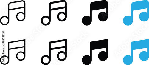 Set of musical note icons in different styles and colors