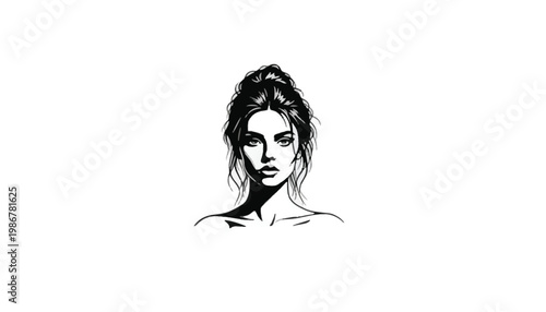 Black and white illustration of a woman with long hair
