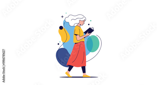 Girl with white hair walking and deeply focused on reading a book in her hands against a creative abstract background art.