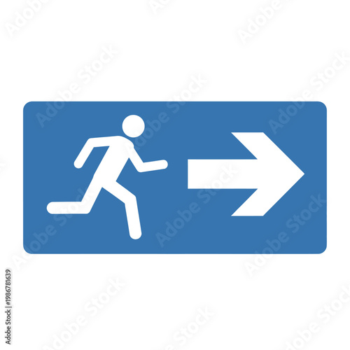 Running man icon with right arrow on blue background, safety exit sign