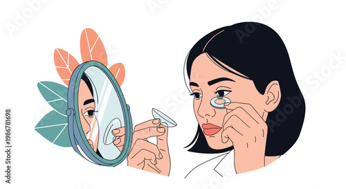 Young woman looking into a vanity mirror and carefully putting in a contact lens to improve her vision during morning routine.