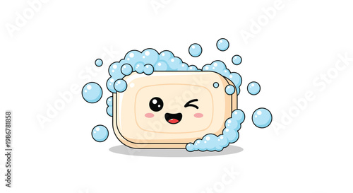 Adorable animated soap bar character with a winking face and many soapy bubbles on a clean white background illustration.