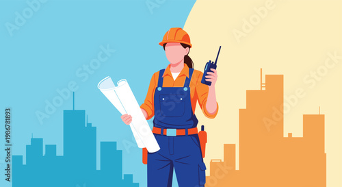 Professional female engineer in a safety helmet holding a blueprint and a walkie-talkie against a blue city skyline backdrop.