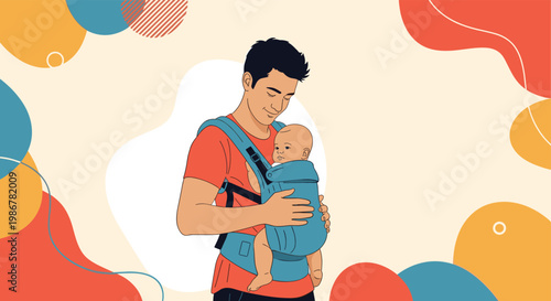 Loving father carrying his small baby in a comfortable blue ergonomic baby carrier on a bright abstract background design.
