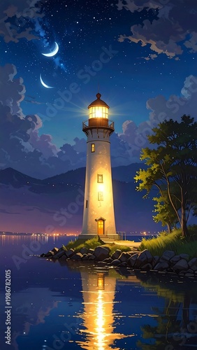 A serene lighthouse on a rocky shore under a starry night sky