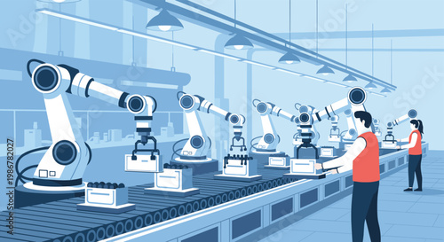 Industrial factory floor with several robotic arms working on an automated assembly line with professional human supervisors.