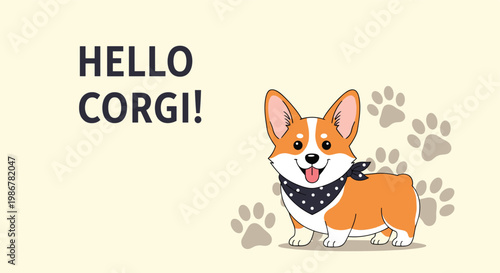 Cute Pembroke Welsh Corgi dog standing and smiling with a black polka dot bandana on a light yellow background with paw prints.