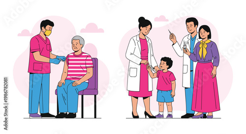 Healthcare workers giving vaccinations to an elderly man and a young boy in a medical clinic for community health services.