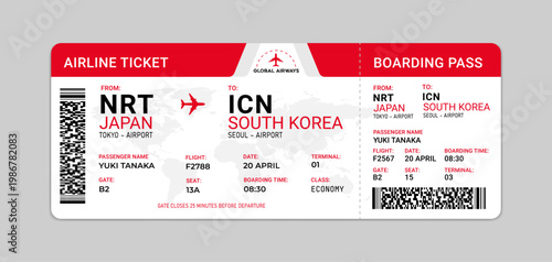 Modern airline ticket or Boarding pass template. Red color airplane ticket design. Air travel concept
