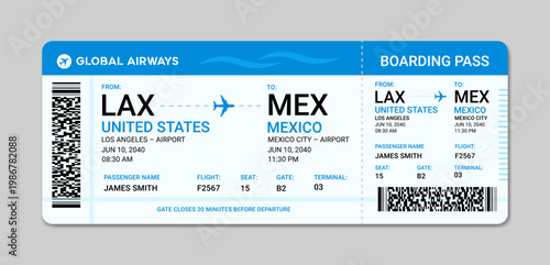 Realistic airline boarding pass template with flight details. Blue and white modern airplane boarding pass vector illustration. Air travel concept