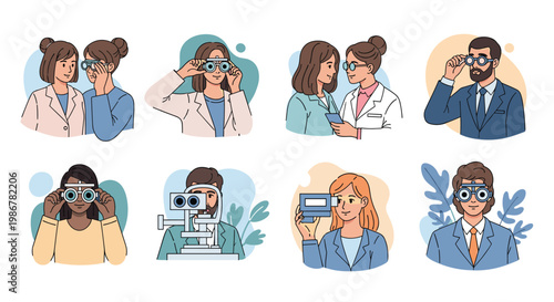 Diverse collection of patients undergoing professional eye examinations and vision tests with various optical tools.