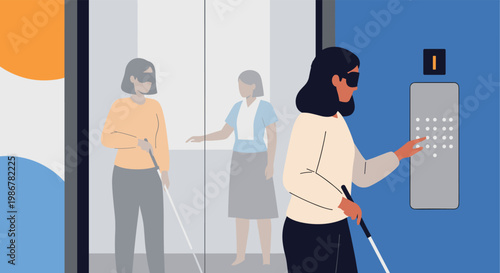 Blind woman wearing dark glasses uses her hand to feel braille buttons on an elevator control panel inside a building.