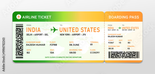 Realistic airline ticket and boarding pass design template for travel and aviation use. International air travel concept