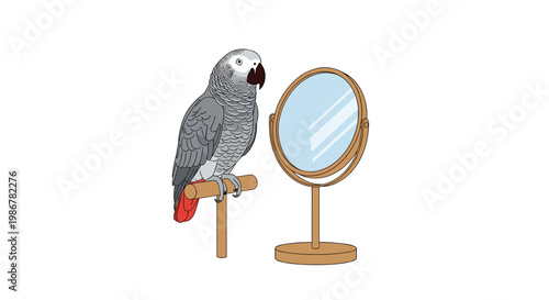 Intelligent african grey parrot perched on a wooden stand looking at its own reflection in a round desktop mirror.