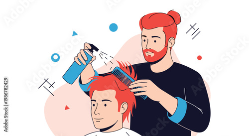 Skilled male barber with red hair and beard styling a young client's hair with a comb and hairspray in a salon setting.