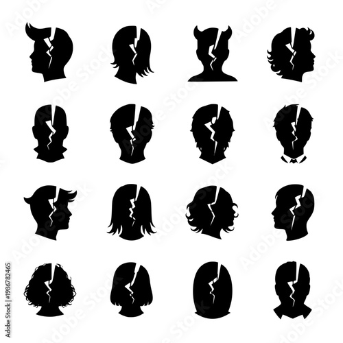 Broken Mind and Mental Health Silhouette Icons Set