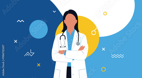 Portrait of a confident female doctor wearing a white lab coat and stethoscope with her arms crossed in front of her.