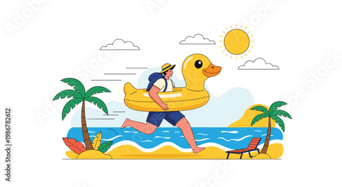 Happy man in summer attire running along a sandy beach with a large yellow inflatable duck floatie under the sun.
