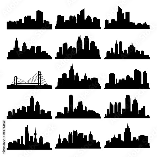 Set of black vector city skyline silhouettes on white background