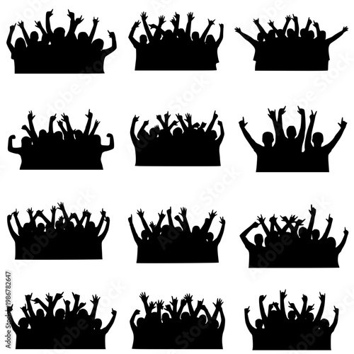Set of Cheering Crowd Silhouettes with Raised Hands