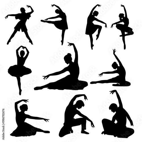 Set of graceful ballet dancer silhouettes in various classical dance poses