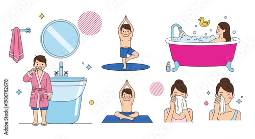 Extensive collection of daily routine activities for kids including brushing teeth, doing yoga, bathing, and washing face.