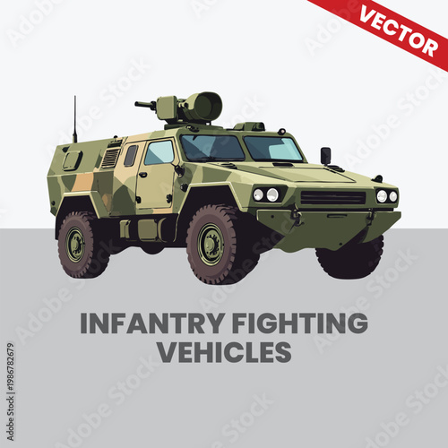 Light Armored Infantry Fighting Vehicle for Military Tactical Operations Vector. Modern Camouflage Combat Reconnaissance Vehicle for Ground Force Defense and Troop Protection Support.